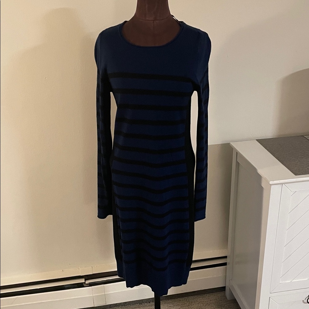 Elegant Blue and Black Striped Merino Wool Dress